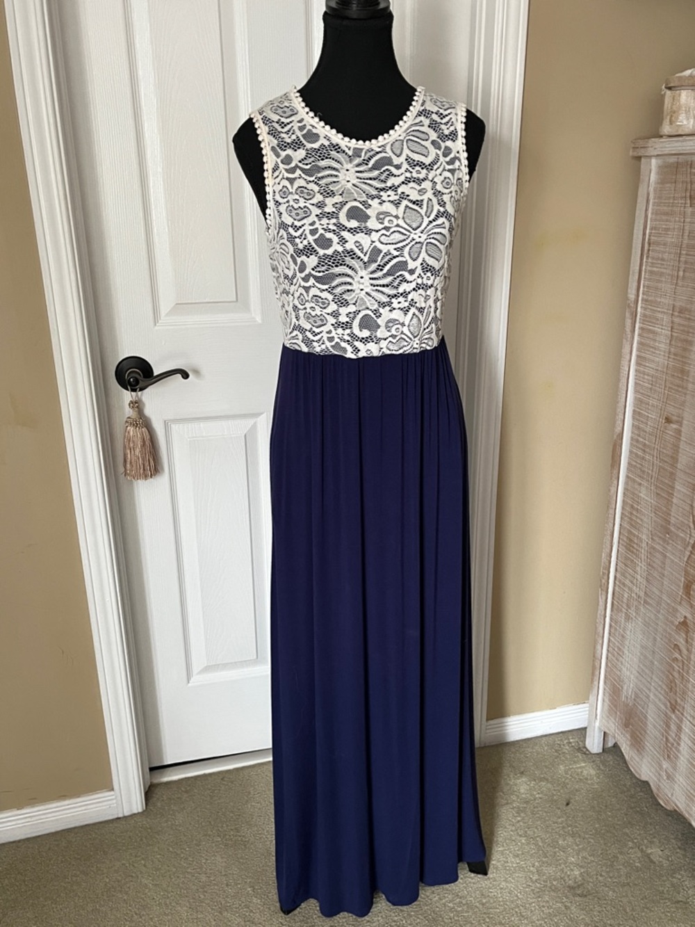 Sleeveless Navy Maxi Dress with Off-White Lace Bodice